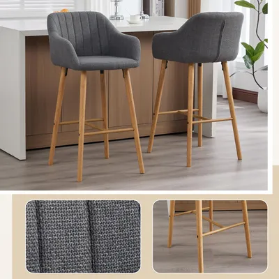 Produktbild von 2er-Set Barhocker Leinen hohe Rückenlehne Armlehnen Holzbeine 58.5x55x108 cm grau