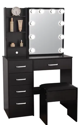 Productafbeelding van Make-up tafel met LED-spiegel - Kaptafel - 6 lades - Open opbergvakken - Beklede kruk - Veel opbergruimte - Zwart