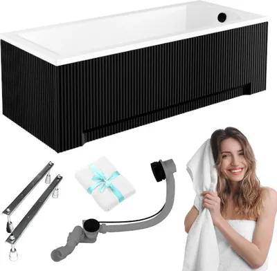 Produktbild von Aqua For You | Badewanne Shea - 180 x 80 Cm - Automatischer Siphon - Antibakterielle Beschichtung - Kratzfest - Schwarz - mit geriffelter Verkleidung