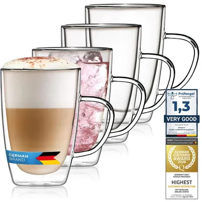 Productafbeelding van Latte macchiato glazen dubbelwandig - Longdrinkglazen - Met handvat - 4 stuks - Glas