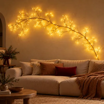 Produktbild von LED Lichterzweige in Gold, 2 m mit 384 warmweißen LEDs und Fernbedienung mit Timer für eine gestaltete Wohnzimmerwand