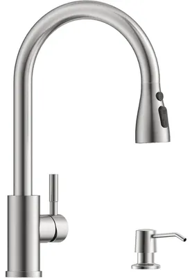 Produktbild von Küchenarmatur mit Spülmittelspender, ausziehbar, Hochdruck, 3 Strahlarten, Edelstahl gebürstet