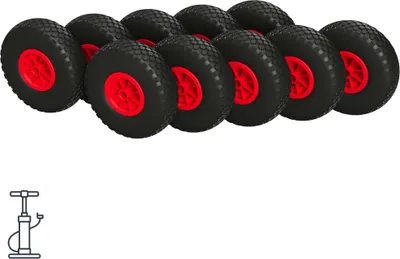 Produktbild von 10 x Luftrad Ø 260 mm 3.00-4 Gleitlager Sliprad Sackkarrenrad Bollerwagen, schwarz/rot