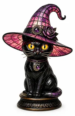 Produktbild von Hexenkatze Nachtlicht, gotische Halloween Katzenfigur mit großem Hexenhut, dekorative LED Tischleuchte für Innenräume