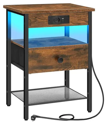Nachttisch mit Ladestation, LED-Licht, Schublade, 40x30x60,5 cm, Schwarz/Braun