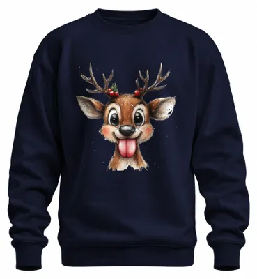 Zdjęcie produktu dla Reindeer with Tongue Sticking Out Christmas Cute Gift Uni  Sweatshirt Pullover, Navy, S