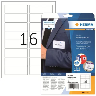 Produktbild von HERMA 4588 Namensetiketten ablösbar, 10 Blatt, 88,9 x 33,8 mm, 16 pro A4 Bogen, 160 Stück, selbstklebend, bedruckbar, rückstandsfrei abziehbare Acetatseide Namensaufkleber Etiketten, weiß