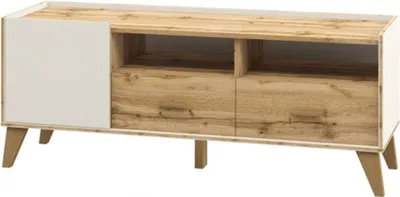 Image de Meuble bas TV scandinave, 124x40x54 cm, blanc, imitation chêne wotan