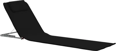 A black foldable beach mat with a headrest, shown on a white background.