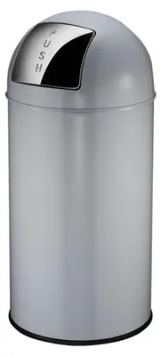 A standalone image of a gray trash can with a push lid.