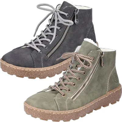 Two pairs of women's boots, one gray and one green, are shown against a white background.