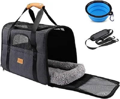 Produktbild von PolkaHome® Tragbare Haustiertransporttasche für Katzen und Hunde – faltbar, atmungsaktives Netz, Schultergurt, 41x32x30,7 cm, Grau