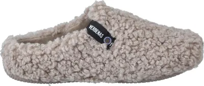 A side view of a beige, fluffy slipper.