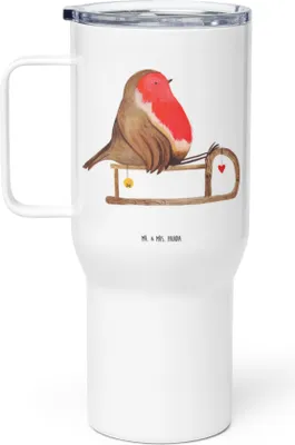Produktbild von Mr. & Mrs. Panda thermosbecher Rotkehlchen Schlitten - Weiß - Geschenk, Großer Thermobecher, Edelstahl Tasse, Weihnachten, Vogel, Teetasse, Kaffee-to-go-Becher
