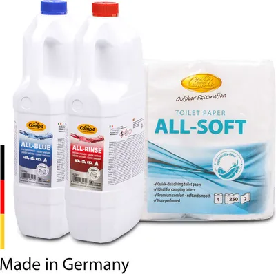 Produktbild von Camp 4 Pflegemittel Set für Camping Toiletten inkl 4 Rollen Toilettenpapier