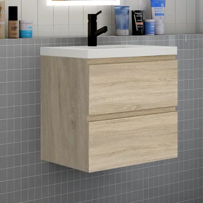 Produktbild von Badezimmermöbel 60cm CINIC-Serie Dickes Keramik Waschtisch mit Unterschrank Hängeschrank Badezimmerschränke mit 2 Schubladen Eiche