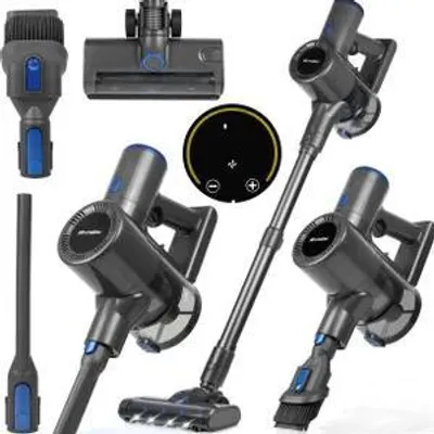 A collage of a cordless vacuum cleaner and its various attachments, displayed against a white background.