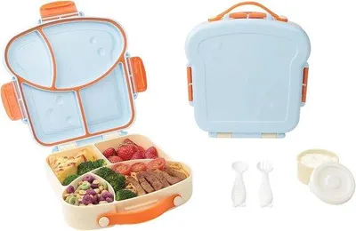 Obrázok produktu pre Opakovateľná nádoba na desiatu s 4 priehradkami – bez BPA – ideálna do školy a na cesty – modrá