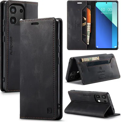 Image de Etui pour Xiaomi Redmi Note 13 4G, étui rétro en cuir PU, support et étui de protection noir