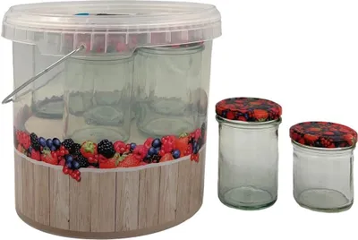 A set of glass jars with lids and a bucket, decorated with fruit and wood grain patterns.
