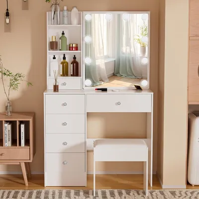 Image de Coiffeuse avec éclairage, miroir, tabouret, 6 tiroirs, 6 étagères