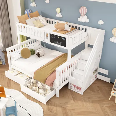Produktbild von Flieks Etagenbett mit Treppe, Kinderbett 90x200cm/140x200cm mit Lattenrost, Hochbett mit Rausfallschutz, Massivholzbett Stauraumbett mit Schubladen, Weiß