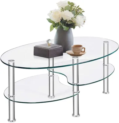 Image de Table basse FANTASK à 3 niveaux en verre, table transparente, table de salon, table d'appoint
