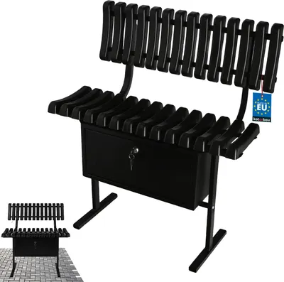 A black metal bench with a backrest and a storage compartment, shown from a slightly diagonal angle. A smaller version of the bench is shown in the bottom left corner on a paved surface.