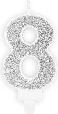 Immagine prodotto di Candela di compleanno numero 8 con glitter 7cm argento