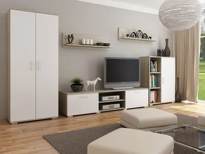 Immagine prodotto di Parete attrezzata California Per La Vita Sonoma Bianco Armadio moderno, mobile da soggiorno con tavolo TV, credenza e mensola a muro, soggiorno