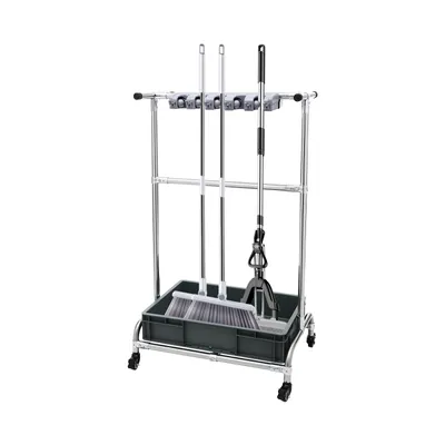 A cleaning tool organizer stand with mops and a broom.