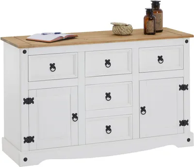 Produktbild von Sideboard CAMPO, Kommode Kiefer massiv, weiß lasiert, 5 Schubladen und 2 Türen
