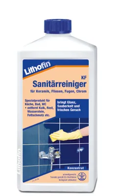 A bottle of Lithofin KF Sanitärreiniger cleaner.