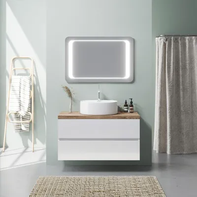 Immagine prodotto di Mobile bagno bianco lucido 100cm lavabo appoggio e specchio led | Elba
