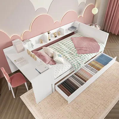 A child's bedroom with a white bed, desk, and shelves, decorated with pink cloud-shaped wall art.
