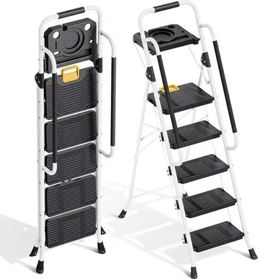 Productafbeelding van Huishoudtrap 5 treden - Vouwladder opstap - Klus en onderhoud - Met gereedschapsplateau - 150 kg capaciteit - Wit