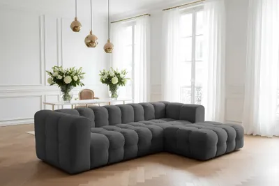 Produktbild von Ecksofa Designersofa SOLVIE in Stoff Moly Anthrazit Ottomane Rechts