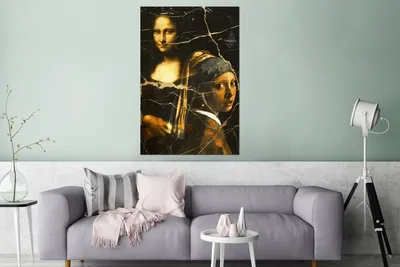 Produktbild von MuchoWow Wanddekoration Metall Metallbild Wandkunst 80x120 cm Mädchen mit einem Perlenohrring - Mona Lisa - Gold MuchoWow Aluminium Gemälde - Bilder
