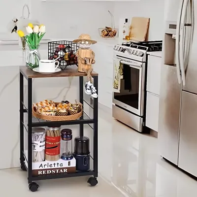 A kitchen scene with a rolling cart filled with food and books, next to a stove and refrigerator.