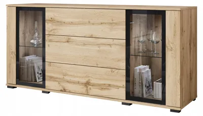 Zdjęcie produktu dla Komoda 150 cm nowoczesna witryna ze szkłem i szuflady wotan mat