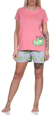 Produktbild von Normann Damen kurzarm Schlafanzug Shorty Pyjama mit Shortyhose in coolem allover Print ; pink , 48