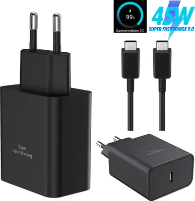A product shot of a black USB-C charger and cable set, with marketing text and graphics.