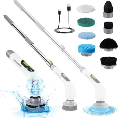 Image de Brosse de nettoyage électrique - Nettoyeur rotatif - Nettoyage de salle de bain - Avec manche télescopique - Jusqu'à 120 cm - Blanc