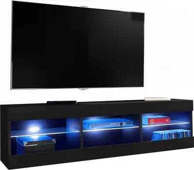 A black TV stand with a large flat-screen TV mounted above it.
