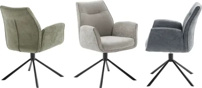 Three chairs of different colors are shown from different angles against a white background.