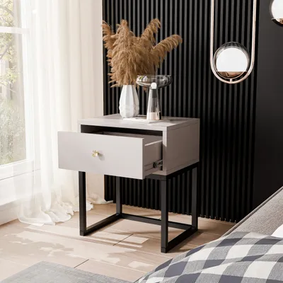 Produktbild von IDOHOME-Nachttisch MILO S Kaschmir mit Schublade und Diamantgriff auf Schwarz Metallgestell fürs Schlafzimmer