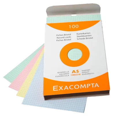 Produktbild von Exacompta 13378E Karteikarten (205q/qm Karton, holzfrei, DIN A5, kariert, ungelocht) 100er Pack gemischte Farben