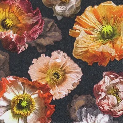 Produktbild von 20 Servietten Papaver - Vintage Blüten auf Schwarz 33x33cm