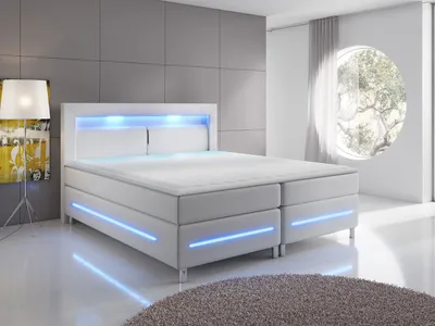 Obrázek produktu pro Boxspringová manželská postel s LED osvětlením 180x200 GALWAY - bílá  + topper