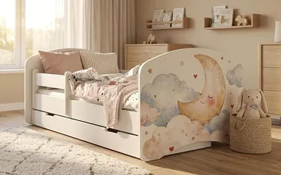 Produktbild von Kinderbett 160x80 cm Weiß | Motiv Bär & Hase mit Regenbogen | Komplett-Set inkl. Matratze & Schublade (Nr 458)